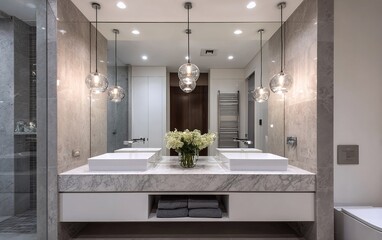 Modern Bathroom Vanity with Double Sinks and Pendant Lights