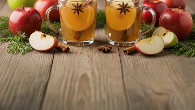 Two Steaming Mugs Of Hot Apple Cider With Cinnamon Sticks And Star Anise On Wooden Table Surrounded By Apples And Pine Needles