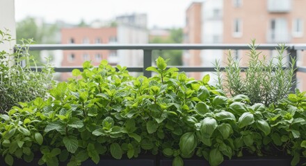 Lush Herb Garden on Balcony: Fresh Herbs, City View, Natural Light.