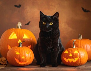 Black cat sits surrounded by jack-o-lanterns and festive decorations