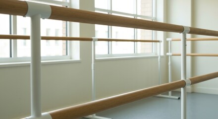 Interior shot of a ballet studio with wooden bars and windows