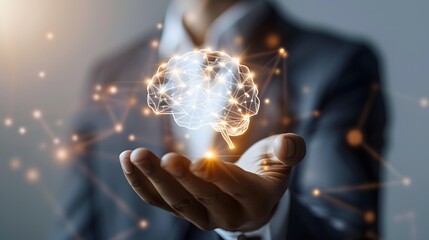 businessman holding glowing digital brain symbol, artificial intelligence strategy concept, minimal composition, white background