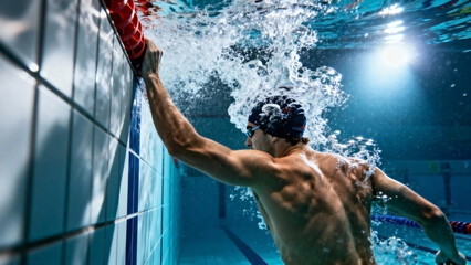 Male swimmer pushing off the wall during competitive swim training  