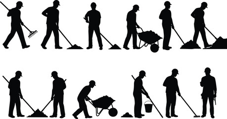Silhouette of construction workers, shoveling, raking, using wheelbarrow, carrying bucket, manual labor, outdoor job, building site, hard hat, working poses, tools © Saleha