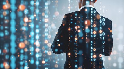 businessman with abstract binary code overlay, artificial intelligence business solution concept, minimal stock photo, white background