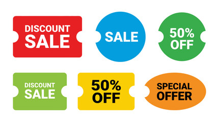 Collection of colorful discount sale stickers on a white background