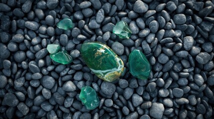 Emerald stones on black rocks