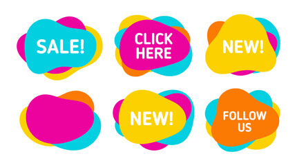 Vibrant graphic elements arranged in a grid showcasing promotional labels on colorful cloud shapes