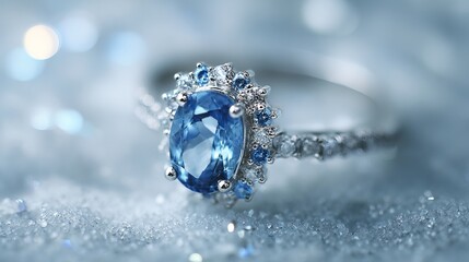 Engagement ring with aquamarine blue sapphire and diamonds, copy space