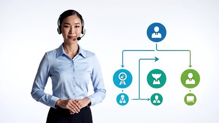 A professional woman with a headset presents a floating business flowchart