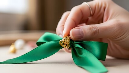 Hand Tying Green Ribbon with Gold Center.