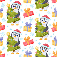 cute winter seamless pattern with penguins, santa hat, christmas trees, gifts, snowflakes.
