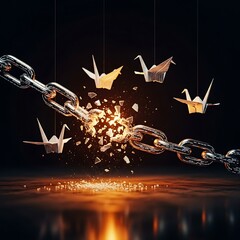 Conceptual art representing the breaking of digital bonds, liberation, and the escape from technological constraints