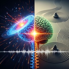 A symbolic brain split between cosmic creativity and Zen-like logic, connected by a glowing spine.  