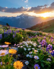 Fototapeta premium A vibrant landscape featuring colorful wildflowers in the foreground, set against majestic mountains and a stunning sunset.