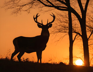 A deer stands in the forest, fearful of the hunter. A deer in the sunset.