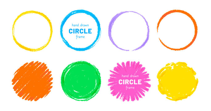 Crayon circle shape frame set. Hand drawn sketch brush line round childish shape. Children color crayon brush stroke frames. Scribble hand drawn grunge doodle color circle set. Vector illustration
