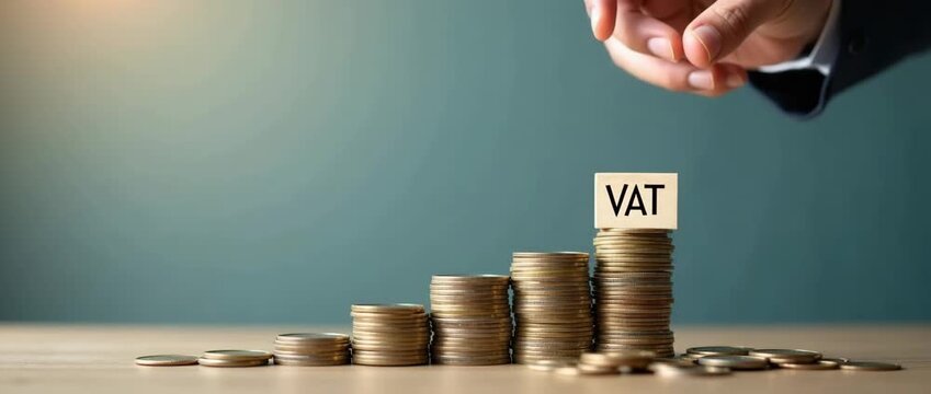Businessman's hand stacks coins with VAT block, symbolizing financial growth; slow pan over coins in a softly lit, cinematic scene, capturing economic concepts and tax strategy.