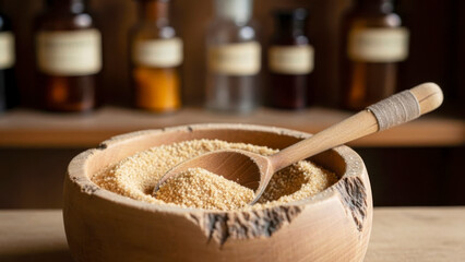 Natural Herbal Granules in Wooden Bowl with Vintage Bottles blurred at background