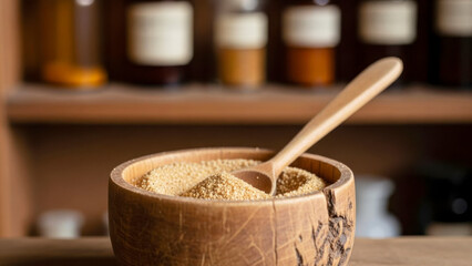 Natural Herbal Granules in Wooden Bowl with Vintage Bottles blurred at background