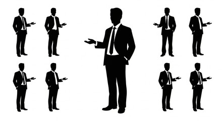Collection of businessman silhouettes presenting or gesturing with open hand