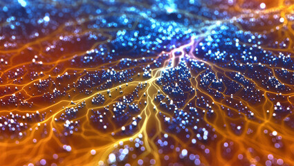 neural network connections with glowing blue and orange lights