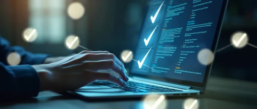 Hand interacts with futuristic digital interface on laptop as camera gently pans, ambient light flickers, creating a cinematic, tech-focused scene ideal for business innovation themes.