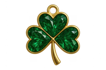 Golden shamrock pendant with green emeralds against transparent background