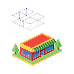 A simplified isometric illustration shows the construction blueprint of a storefront building.