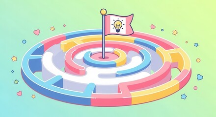 Circular maze structure with pastel coloration leads toward a central goal marked by an illuminated bulb symbol