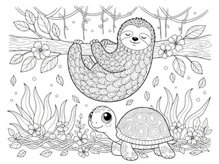 Fototapeta premium Cute cartoon sloth and turtle on a branch with leaves and flowers
