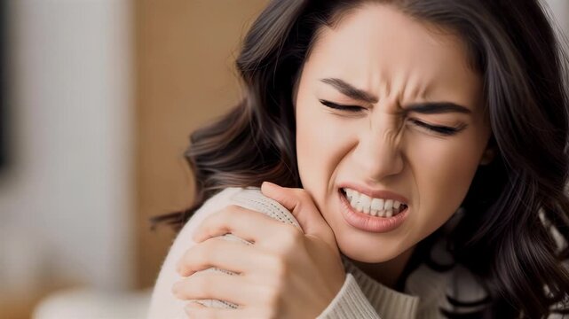 Woman Grimacing In Pain Holding Her Shoulder With Eyes Closed And Wrinkled Forehead