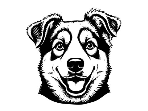 Black and white illustration of a smiling dog with floppy ears and a happy expression