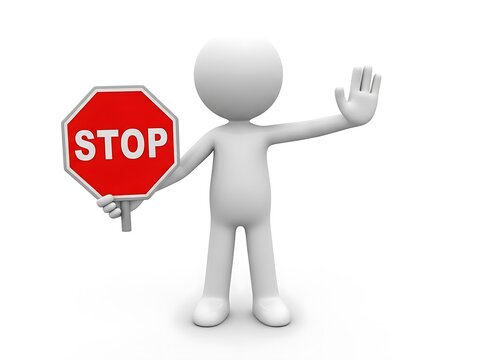 Gray cartoon character holding stop sign and waving hand