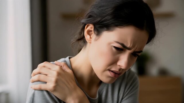 Woman Holding Shoulder Experiencing Pain And Discomfort In A Casual Grey Shirt At Home
