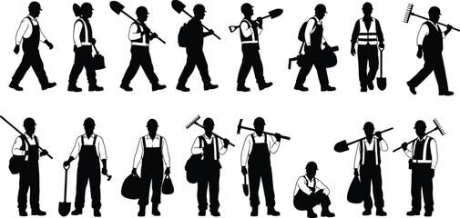 Construction and landscaping worker silhouettes set showing laborers carrying tools shovels rakes bags industrial outdoor workforce black vector illustration