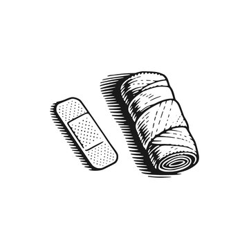 Rolls of bandages and hansaplast. Black white vector illustration.