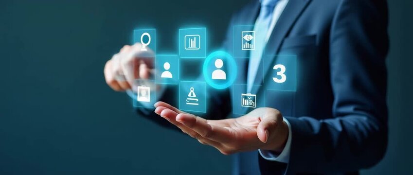 Businessman presenting digital network interface; holographic icons gently hover above his hand as the camera slowly pans, capturing a futuristic, cinematic office setting.