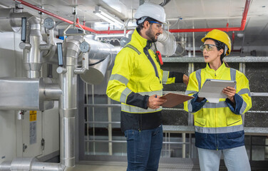 HVAC specialist verifying system performance metrics against digital architectural benchmarks.