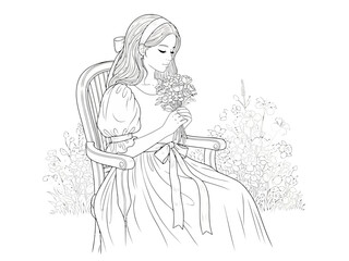 Elegant woman in a long dress holding a bouquet of flowers