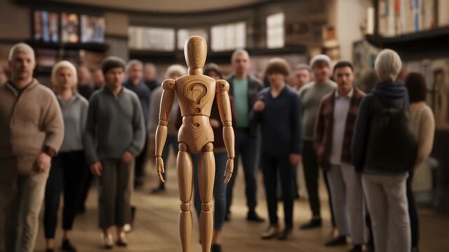 Wooden Mannequin With Question Mark On Chest Standing In A Blurred Crowd Of People Outdoors