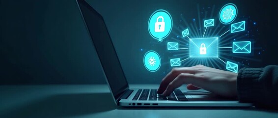 Hand hovers over a laptop with digital security icons floating, glowing in a dark room; camera slowly pans right, capturing the dynamic cyber environment in a cinematic style. - Powered by Adobe