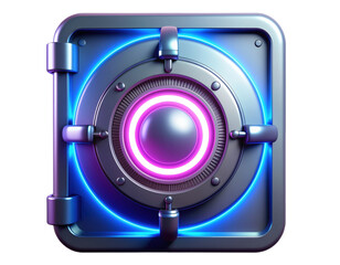 Futuristic safe with neon lights for secure technology and data protection