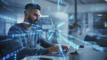 Man working on a laptop with digital binary code and glowing abstract technological elements in an office environment