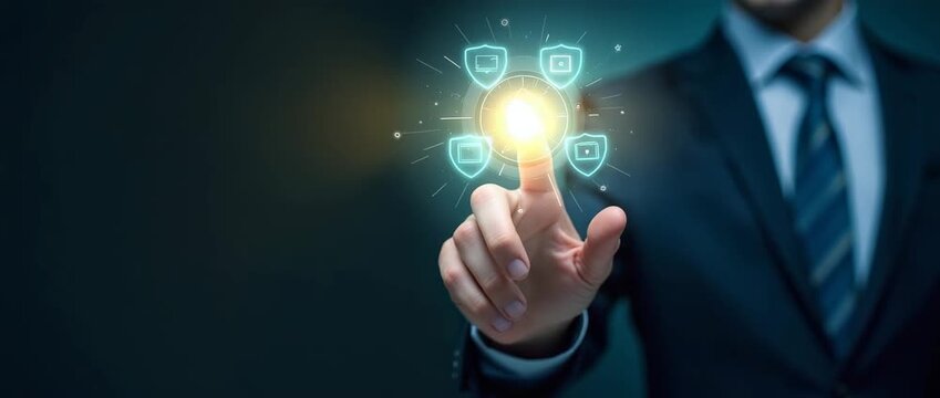 Business professional in a suit presents a glowing digital security icon in a futuristic, cinematic style; camera slowly pans while ambient lights flicker, emphasizing cybersecurity innovation.