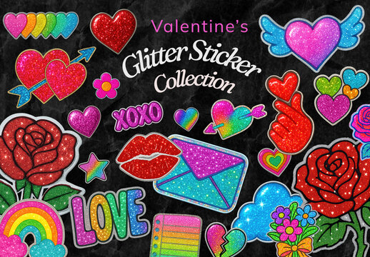 Colorful Valentine's Glitter Stickers Design Set