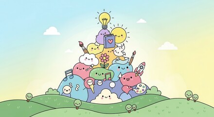 Whimsical collection of cute, happy characters and creative symbols stacked on a grassy landscape under a bright sky