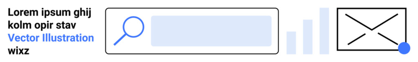 Obraz premium Web design, UI concepts, email notifications, search functionality, data tracking, digital communication. Search bar with magnifying glass, email icon analytics bars. Web design and UI concepts