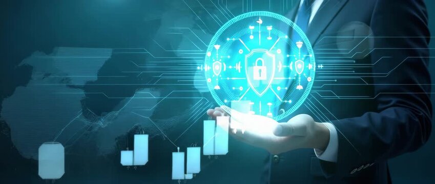 Business professional interacts with futuristic digital interface, touching virtual icons in a cinematic scene; camera slowly pans as ambient lights flicker subtly, highlighting innovation.