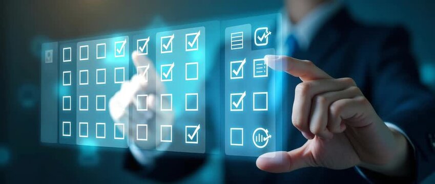 Business professional interacts with digital checklist interface; camera gently pans as ambient lights flicker in a modern, cinematic office setting, emphasizing technology and innovation.